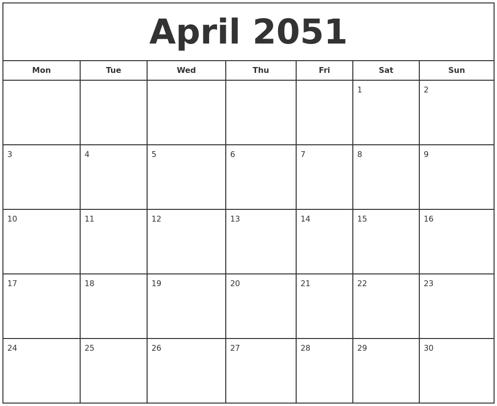 April 2051 Print Free Calendar