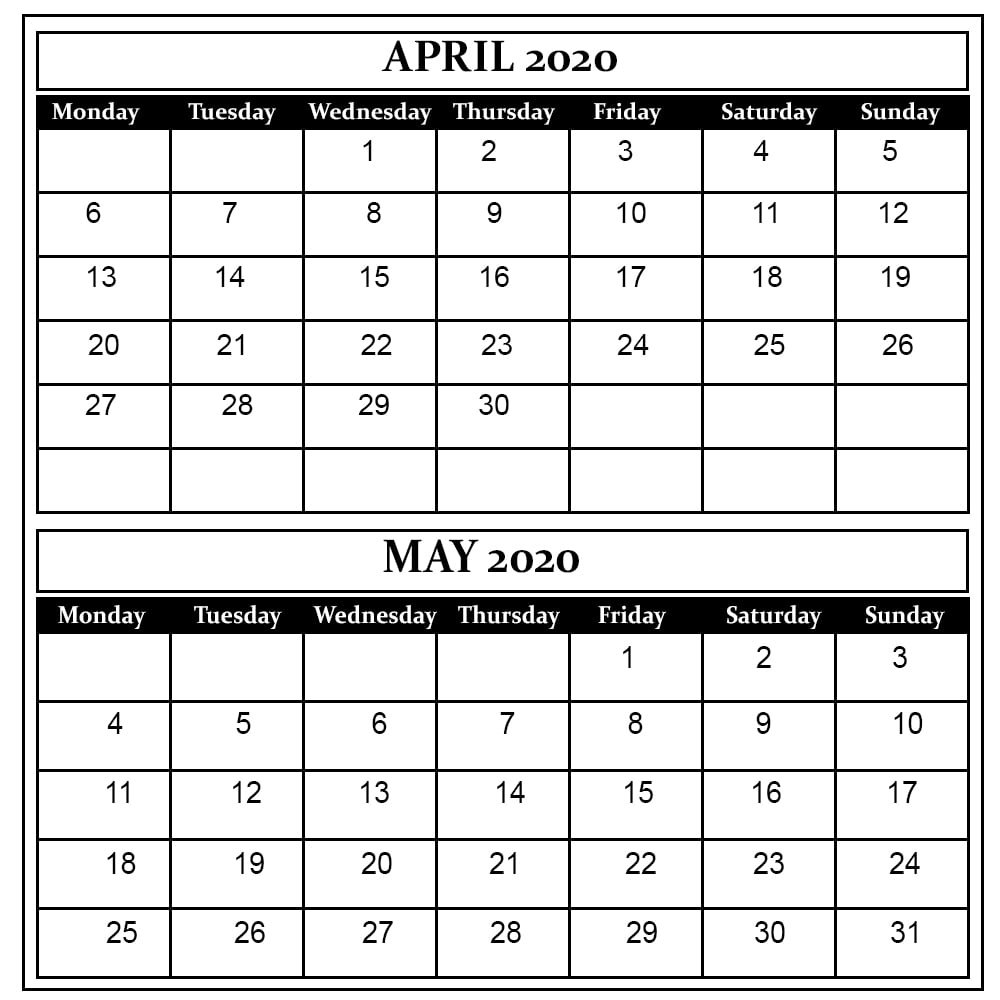 April And May 2020 Free Printable Calendar