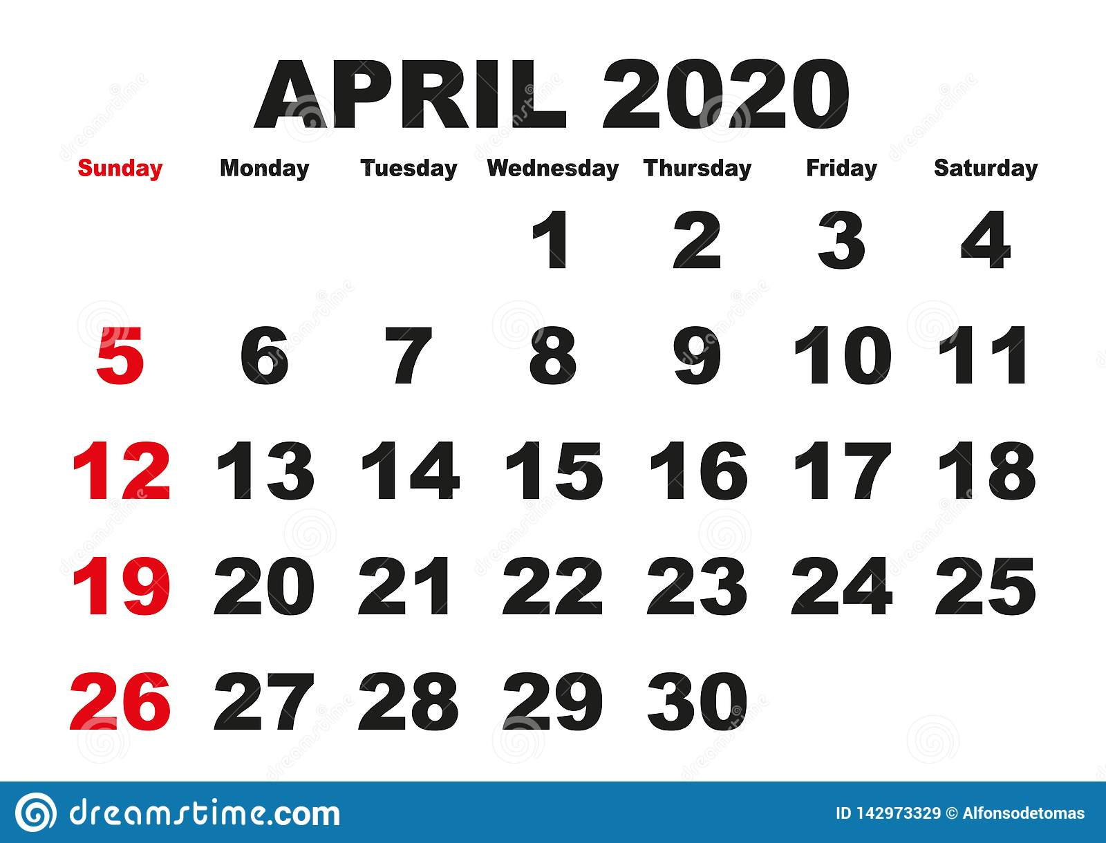 April Month Calendar 2020 English Usa Stock Vector