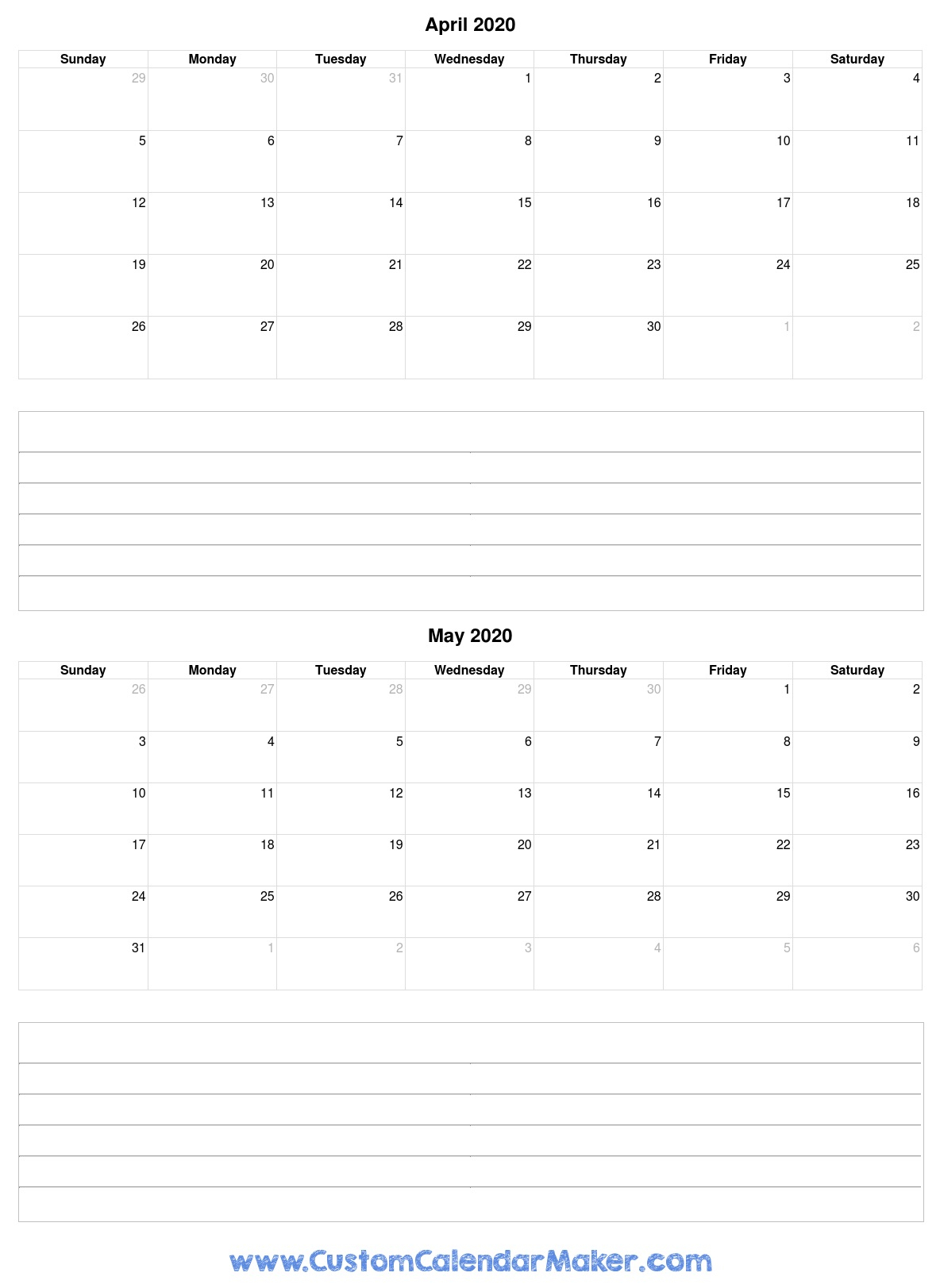 April To May 2020 Calendar Template With Notes