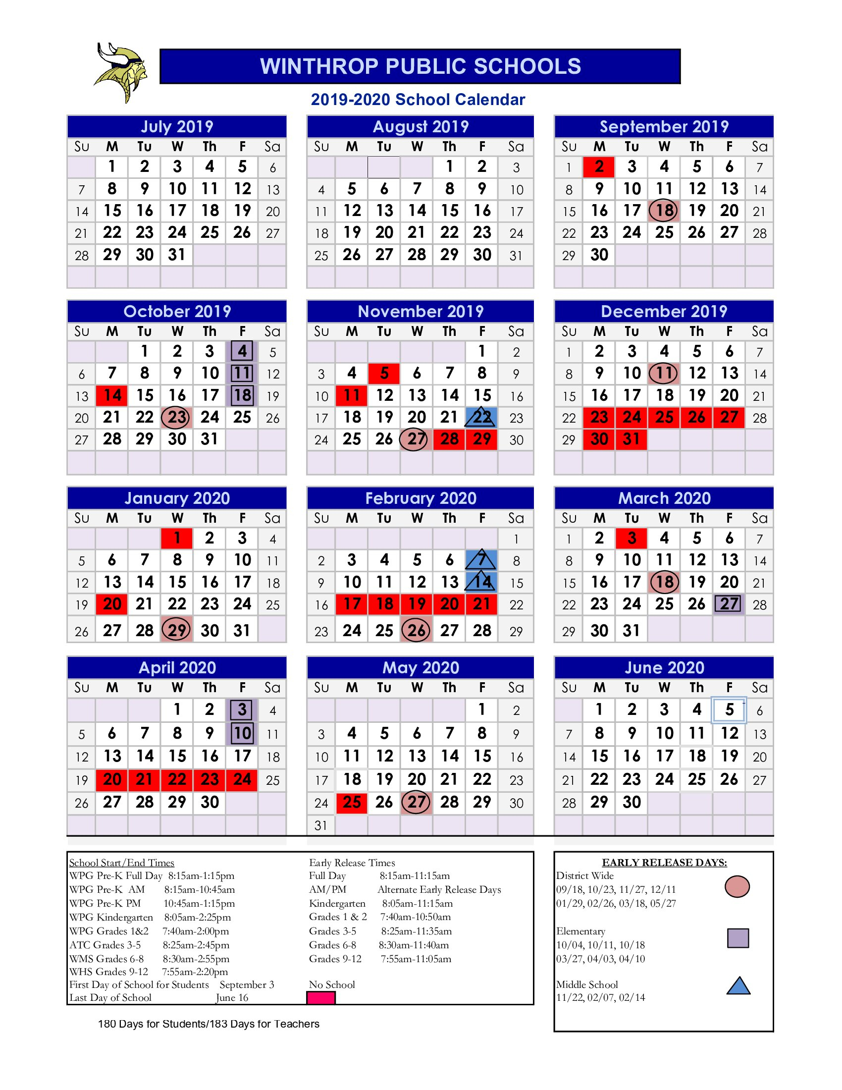 Winthrop Five Year Calendar