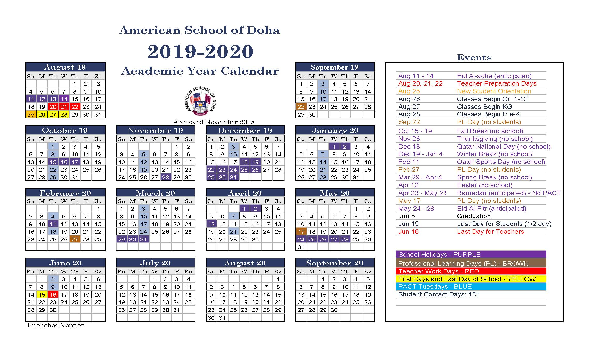 Asd Calendar 2019-2020 - American School Of Doha