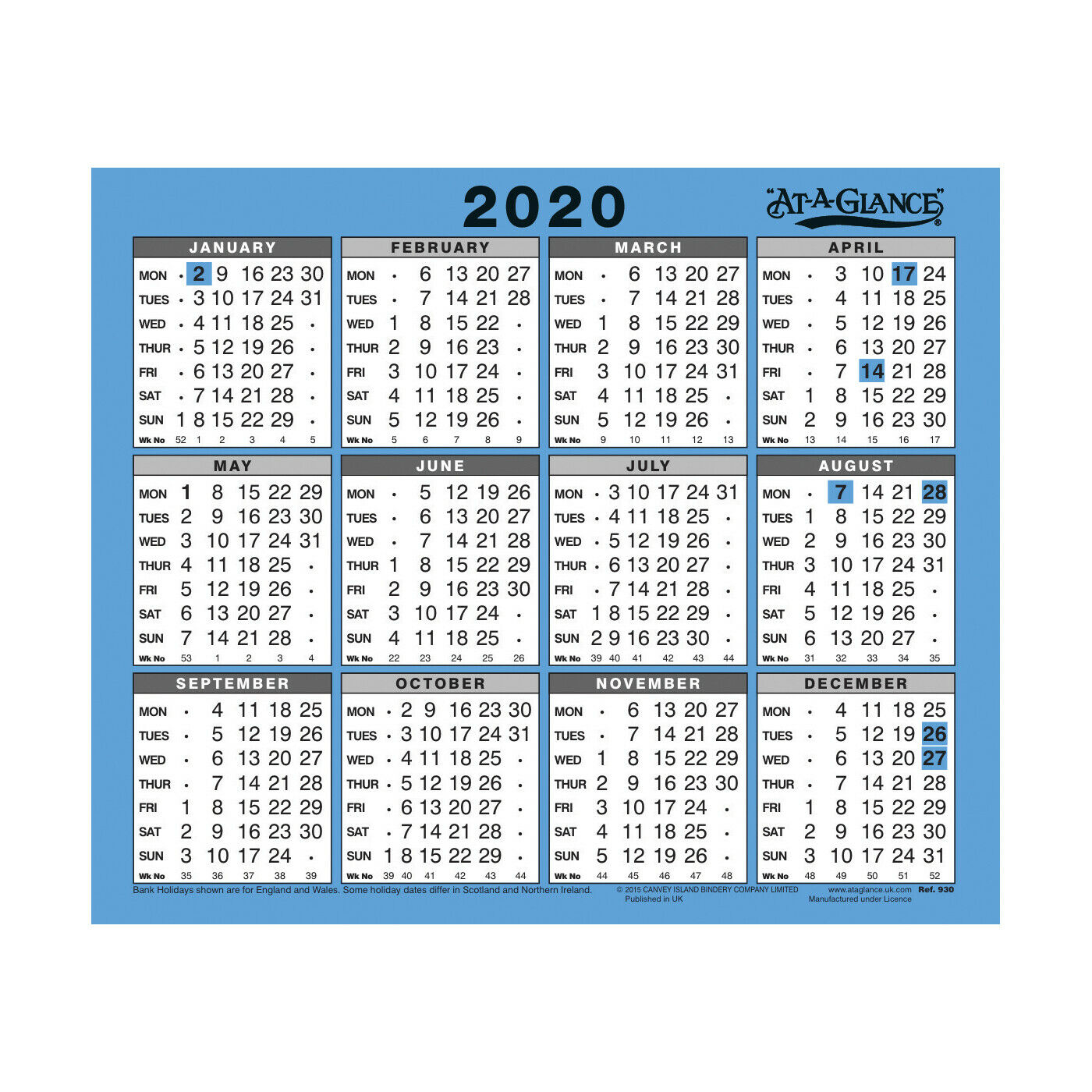 At-A-Glance 2020 Wall/desk Calendar Year To View 254X210Mm