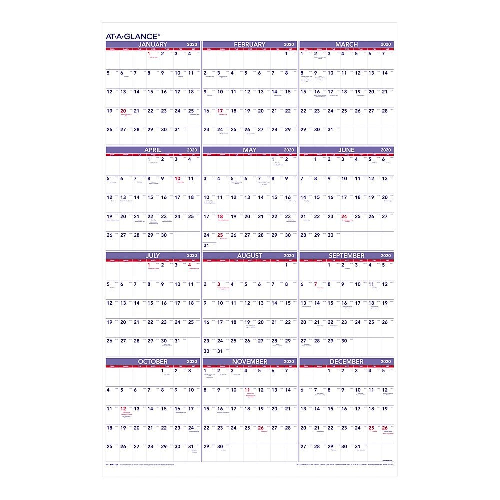 At-A-Glance® Yearly Wall Calendar, 24&quot; X 36&quot;, January To December 2020,  Pm1228