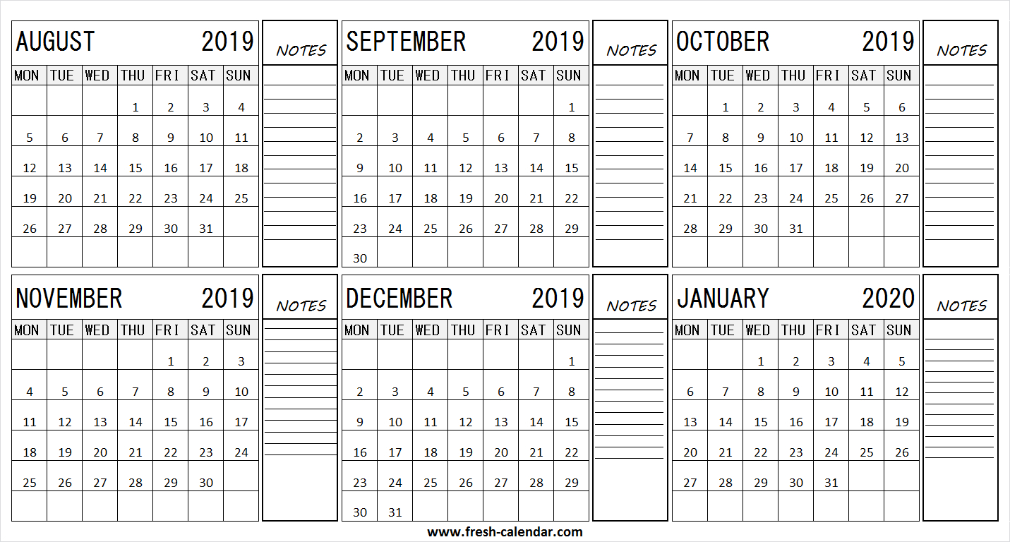 August 2019 January 2020 Half Year Calendar | 2019 Format