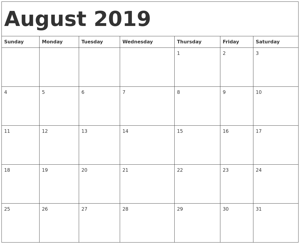 August 2019 Printable Calendar – Printable Month Calendar