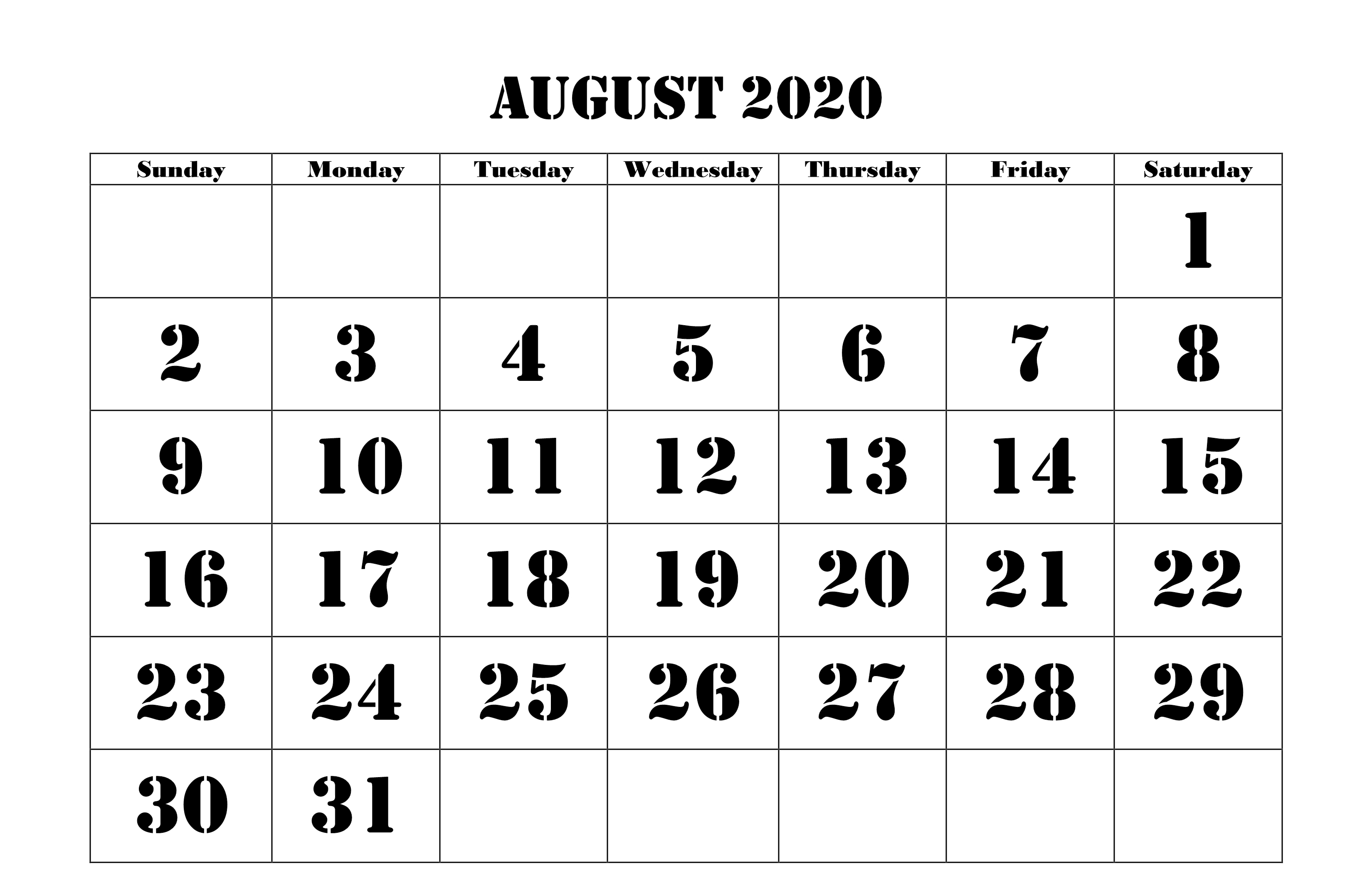 August 2020 Calendar Pdf, Word, Excel Template