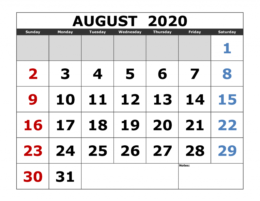 August 2020 Calendar Printable Template Free | Printable