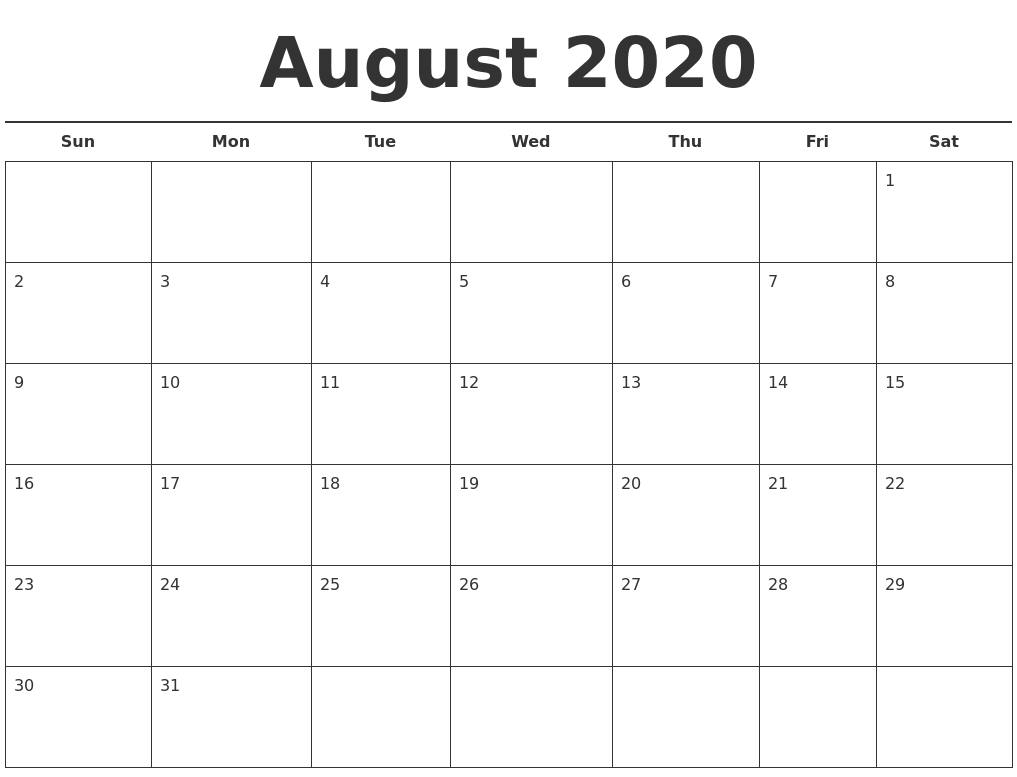August 2020 Free Calendar Template
