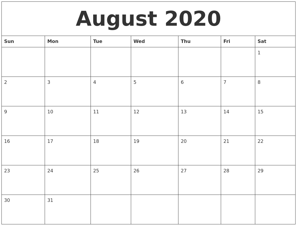August 2020 Free Printable Monthly Calendar