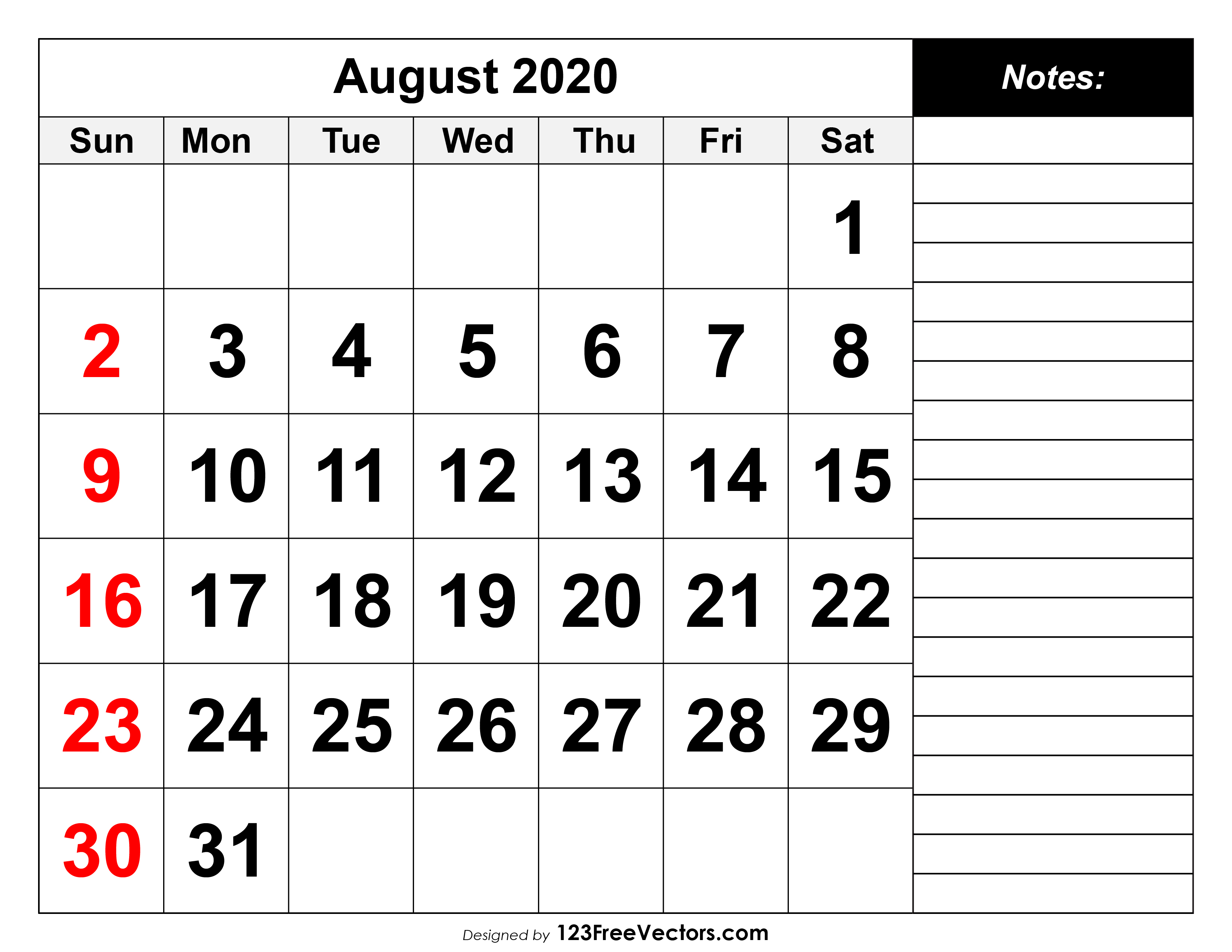 August 2020 Printable Calendar