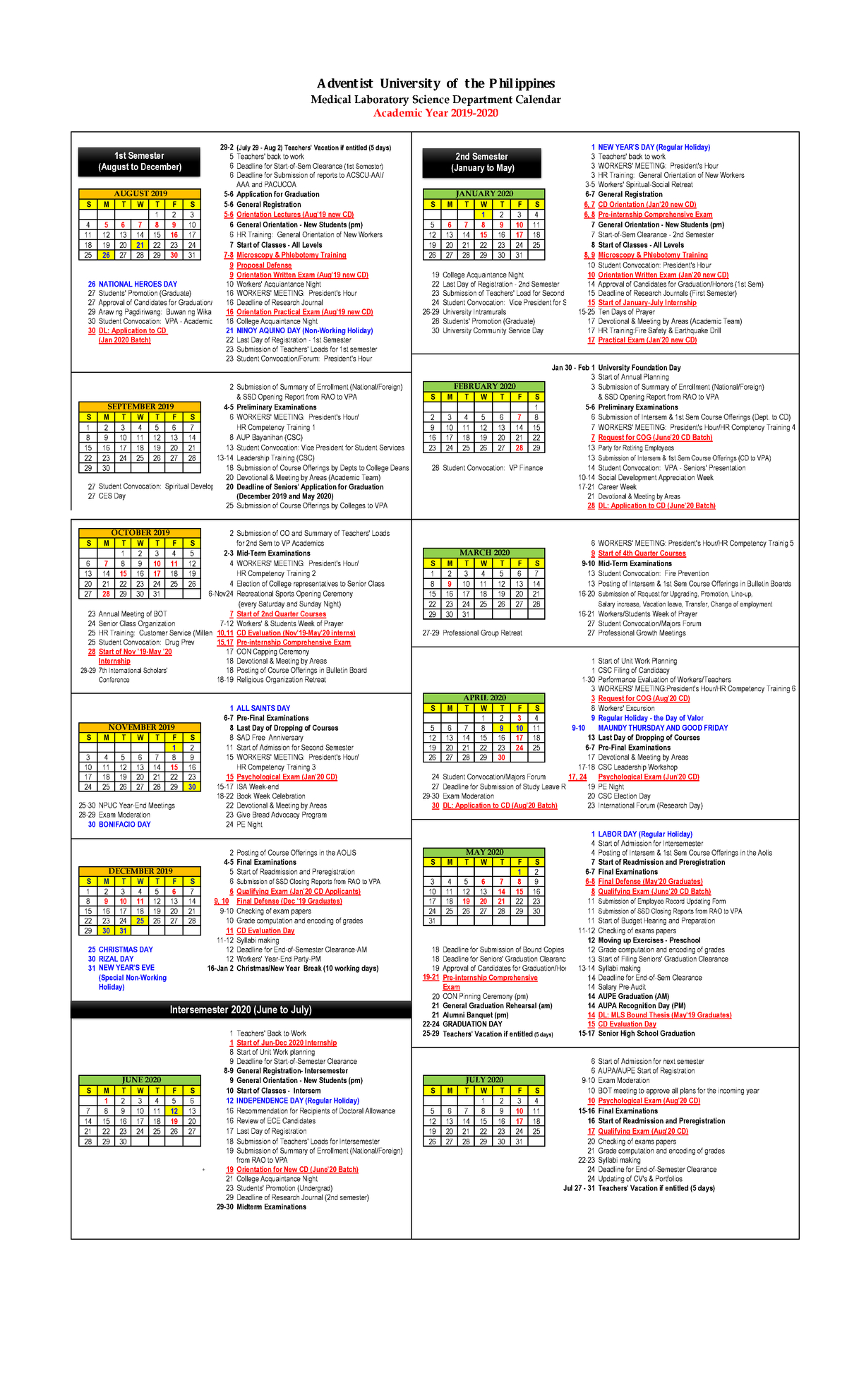 Aup Mls Academic Calendar 2019-2020 - - Studocu