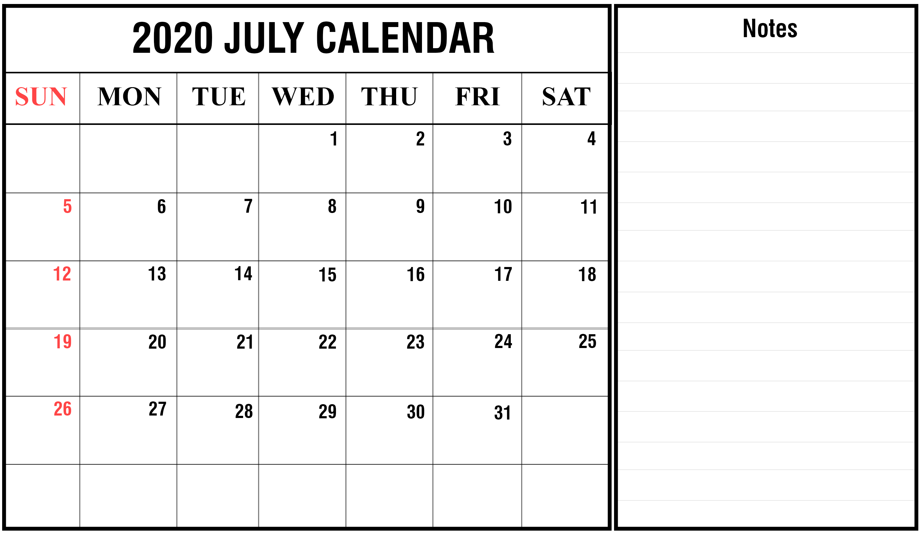 Best Monthly Blank Calendar For July 2020 Printable Template