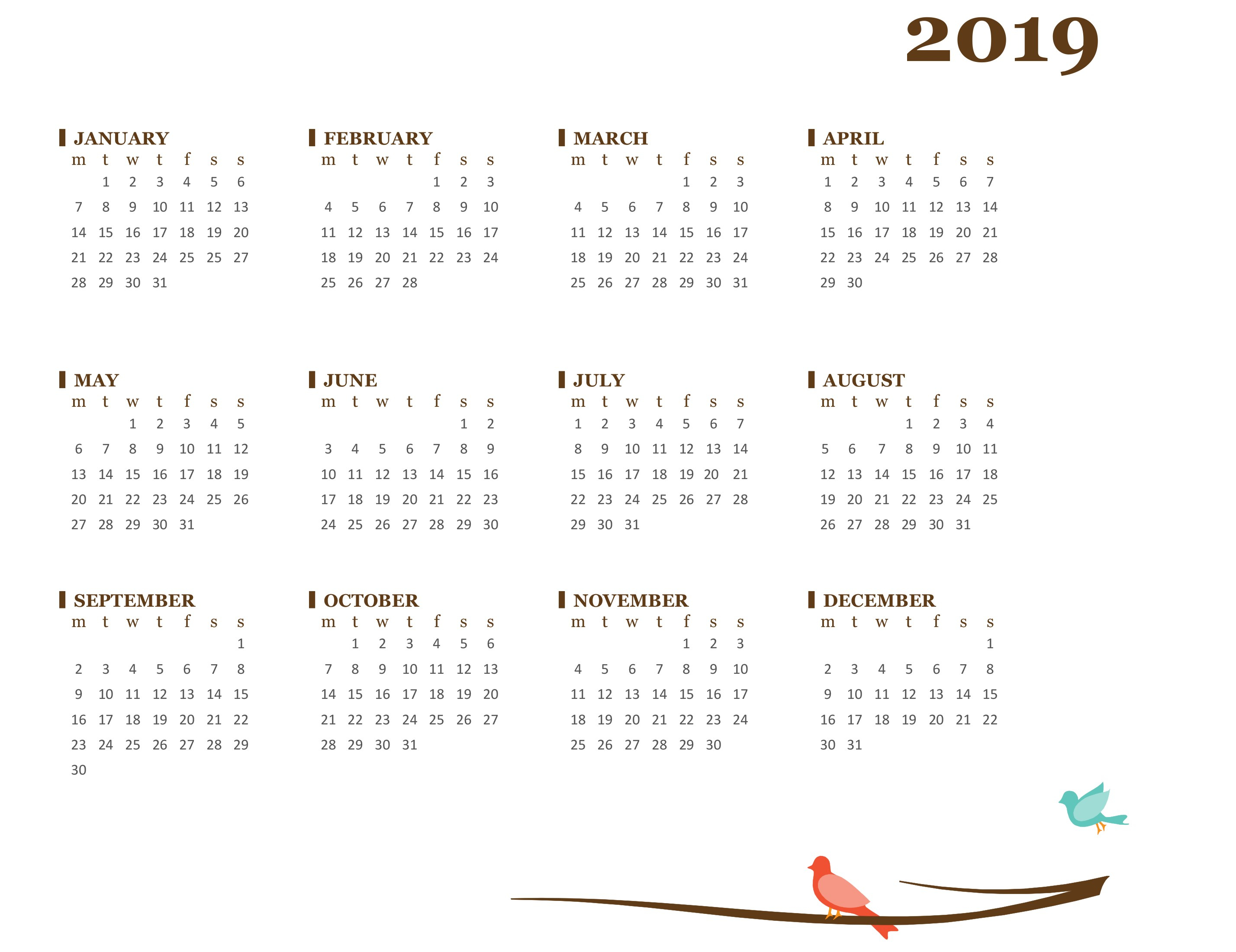 Bird Yearly Calendar (Mon-Sun)
