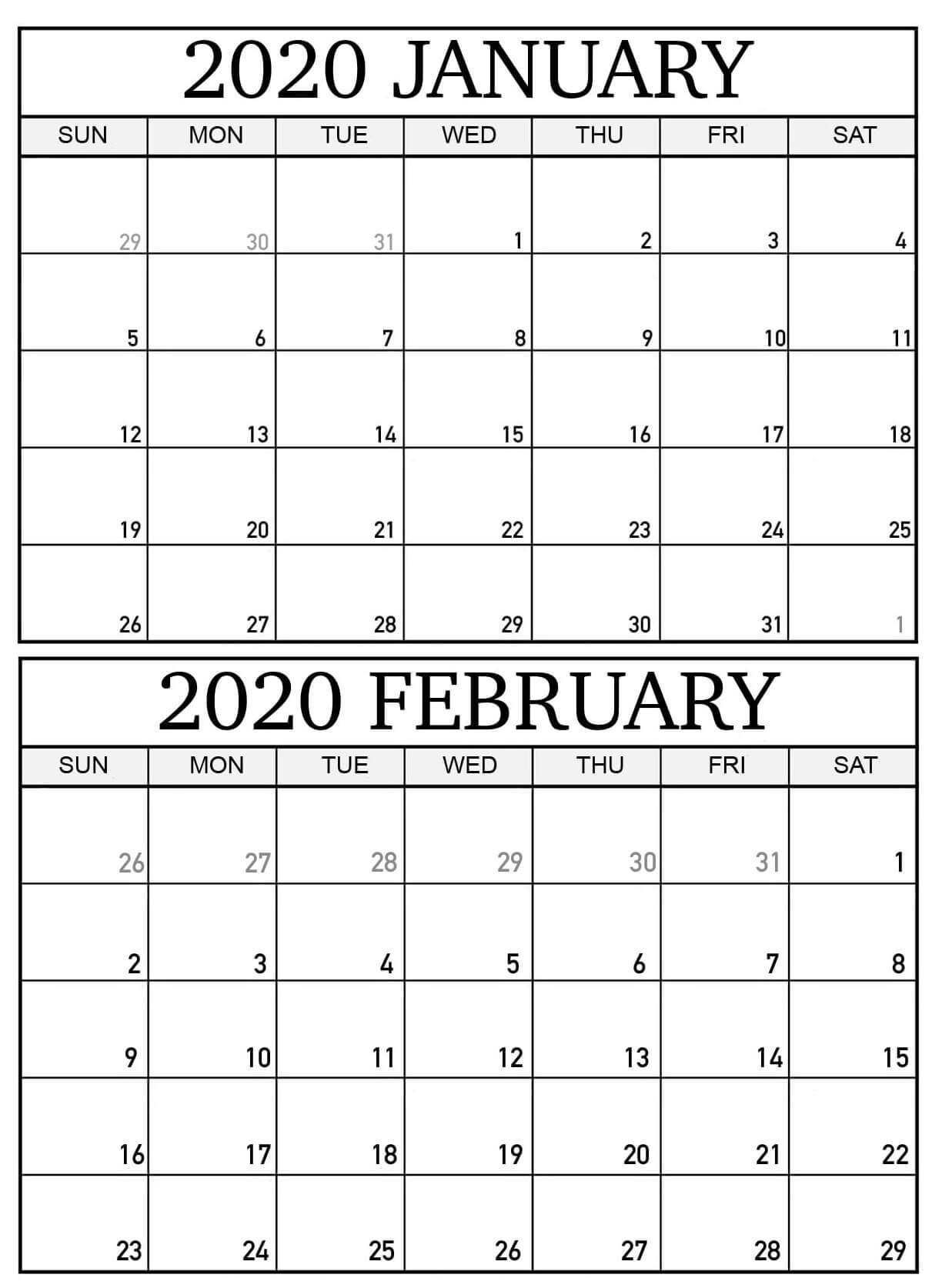 Blank 2020 January February Calendar Word - 2019 Calendars