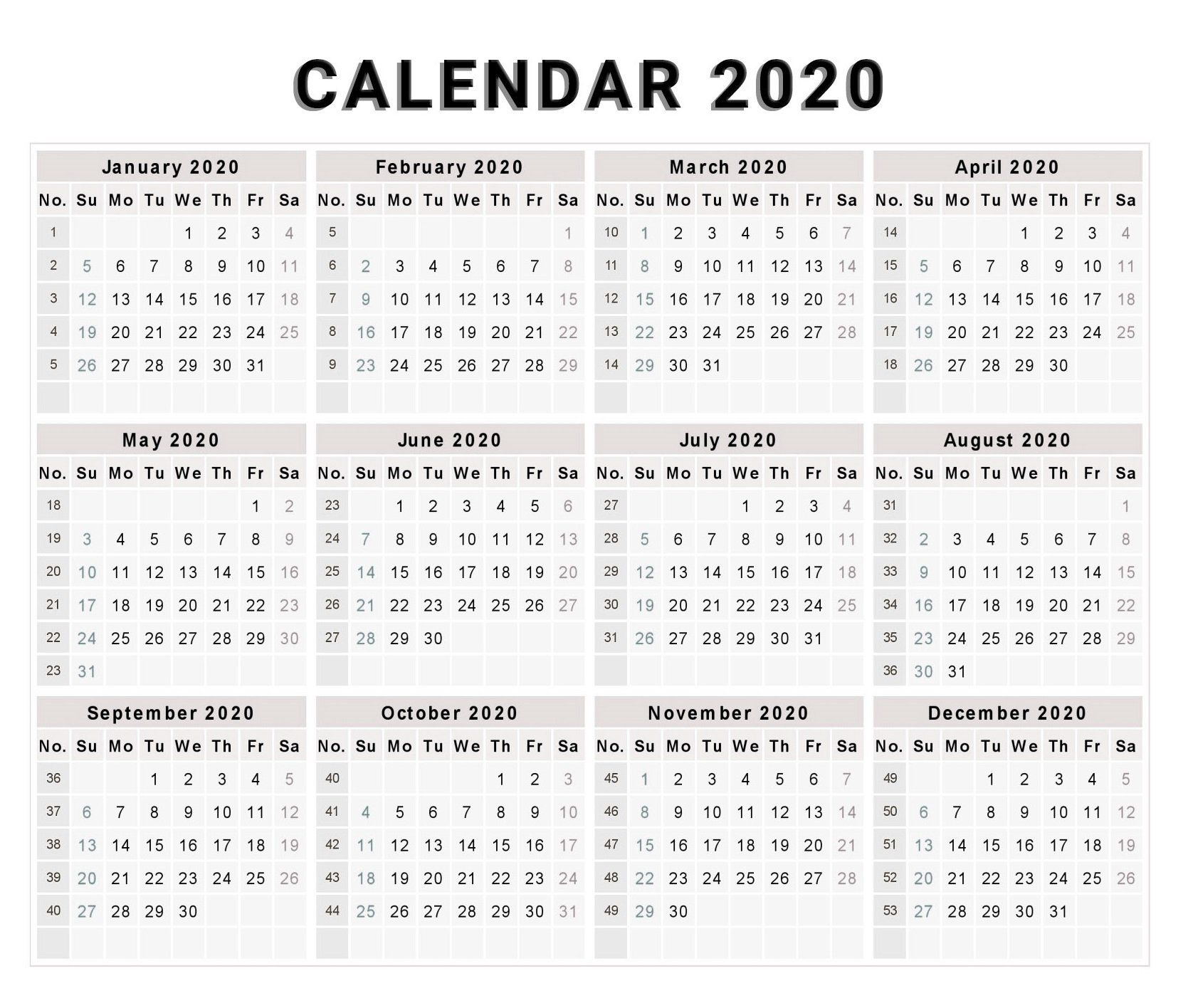 Blank 2020 One Page Calendar Printable | Monthly Calendar