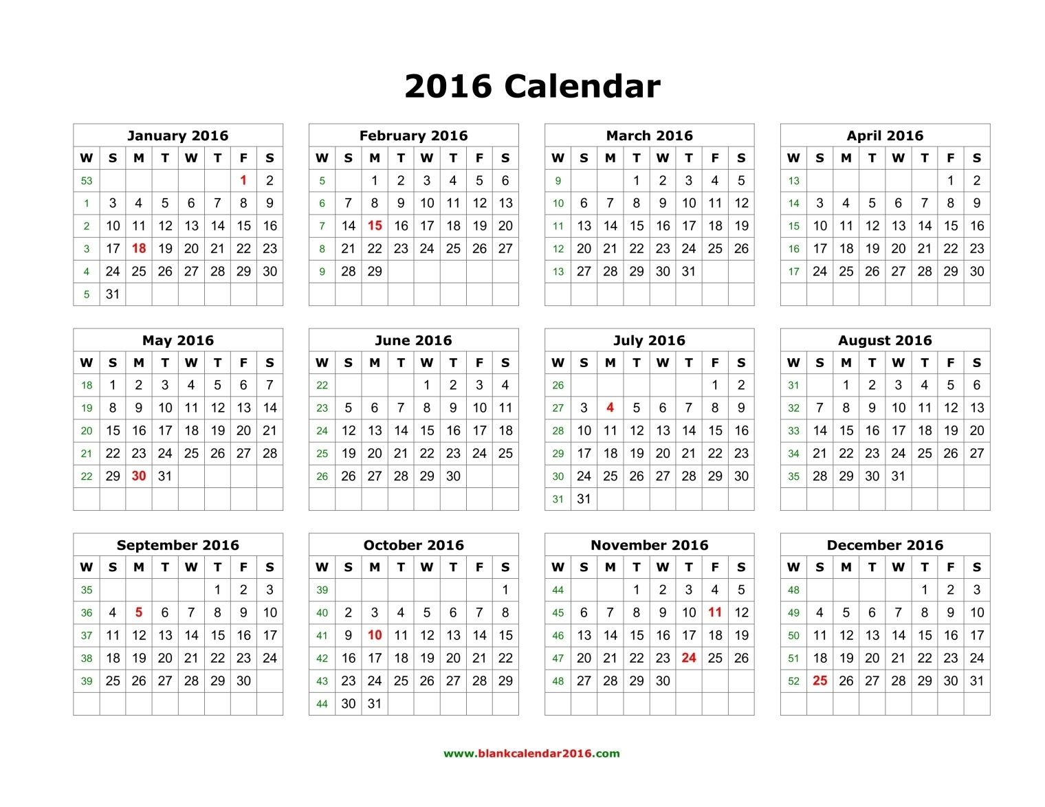 Blank Calendar 2016 | Blank Monthly Calendar, Printable