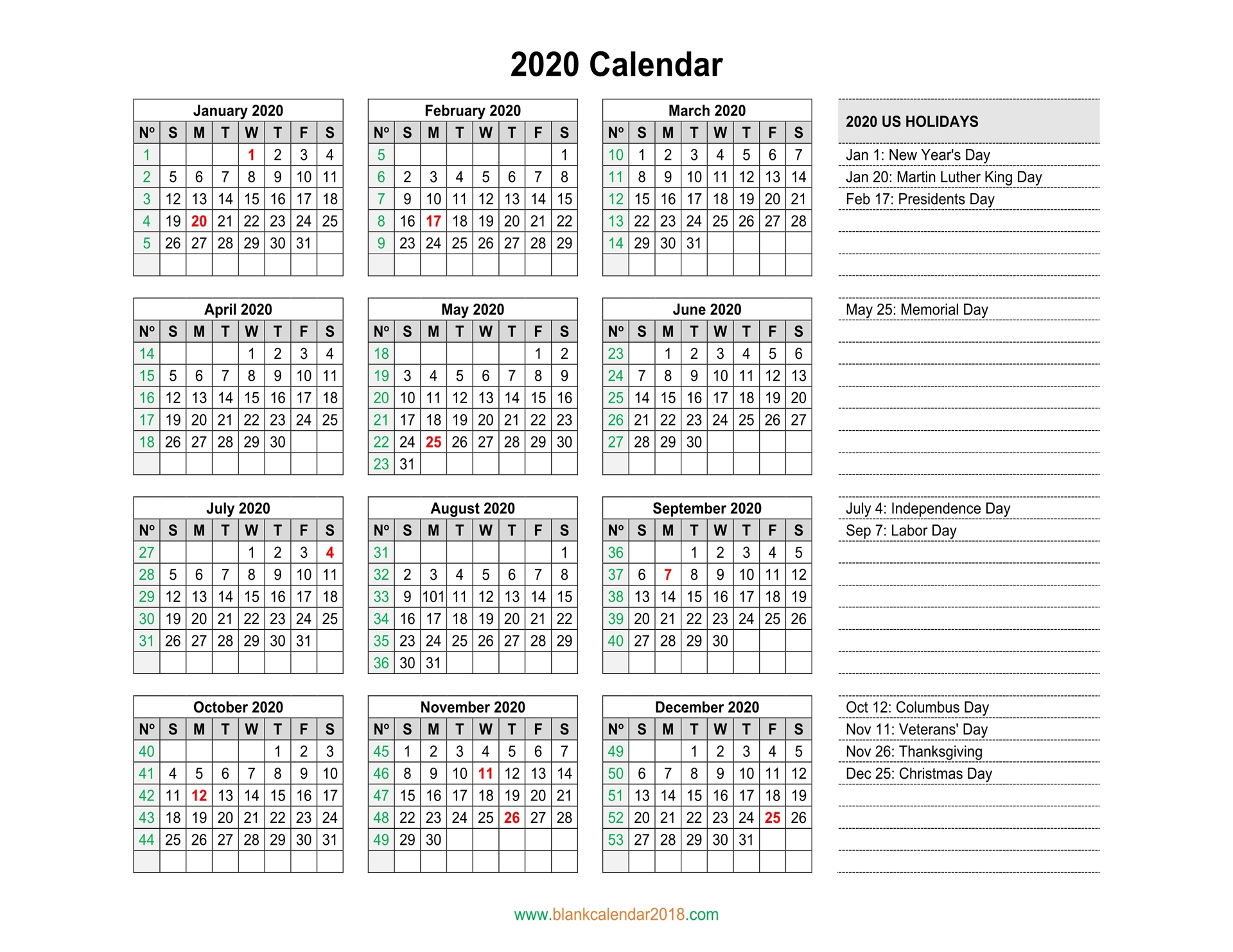 Blank Calendar 2020