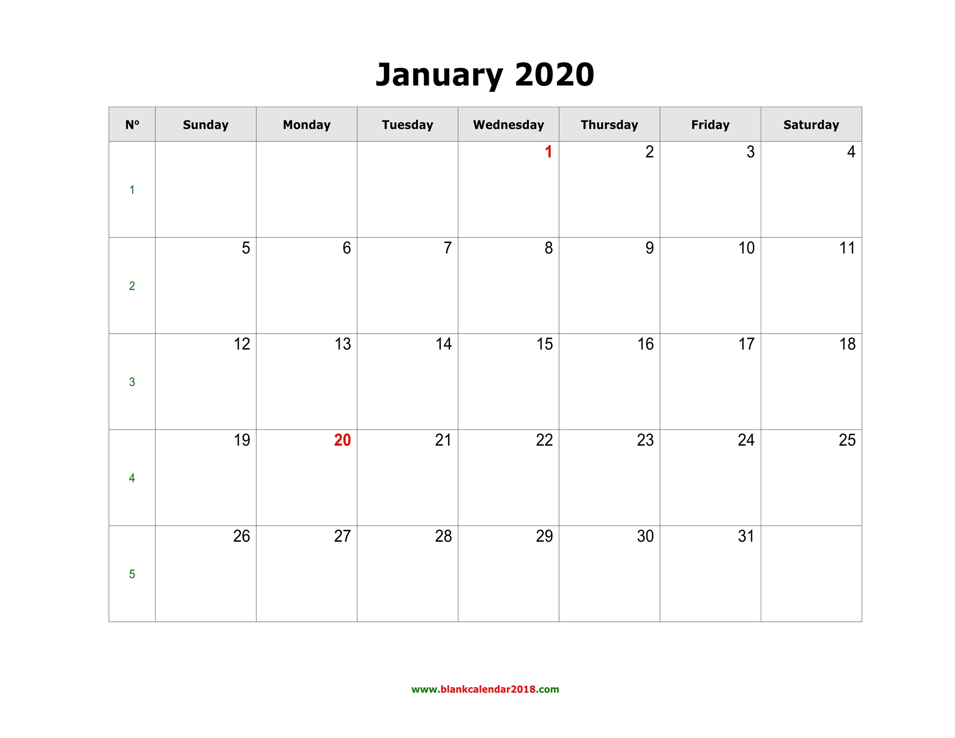 Blank Calendar For January 2020