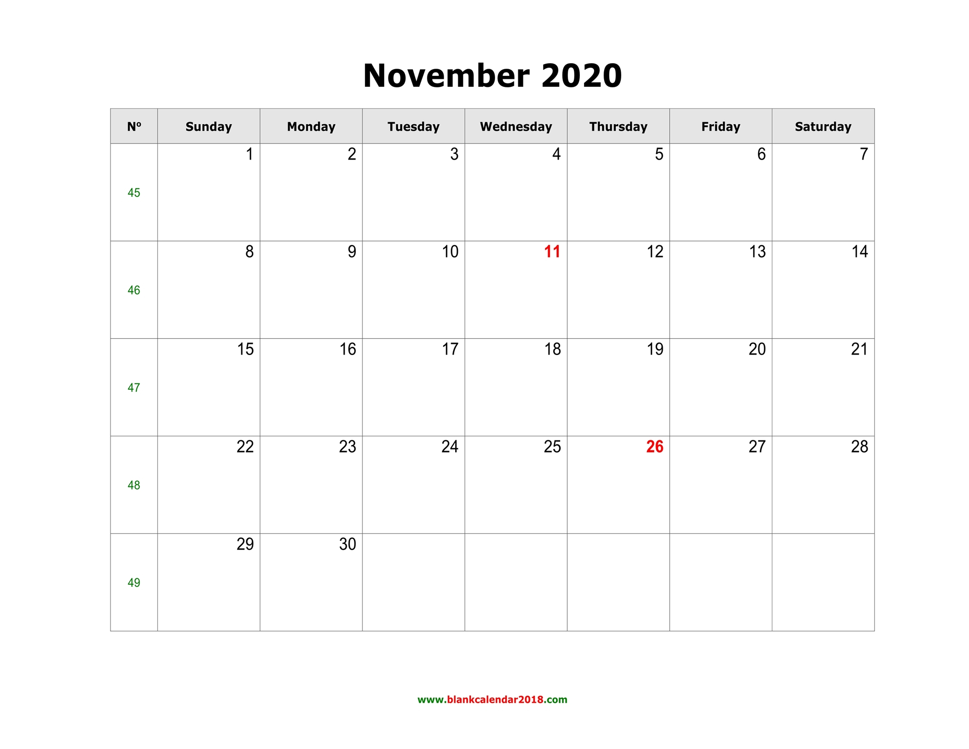 Blank Calendar For November 2020