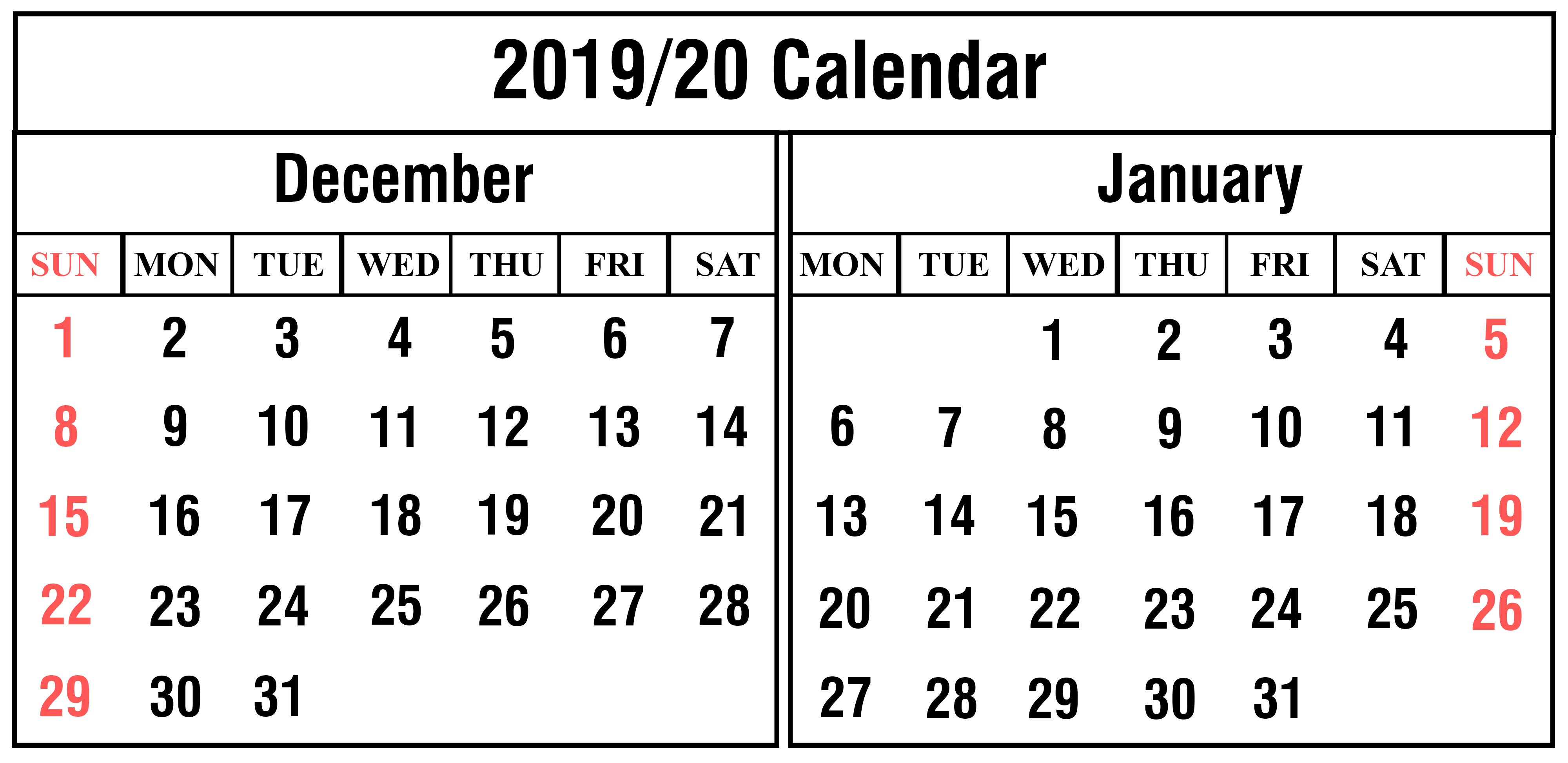 Blank December And January 2019-2020 Calendar Printable