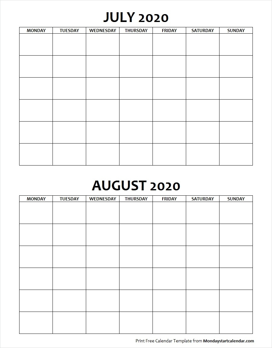 Blank July August 2020 Calendar Monday Start | Two Months