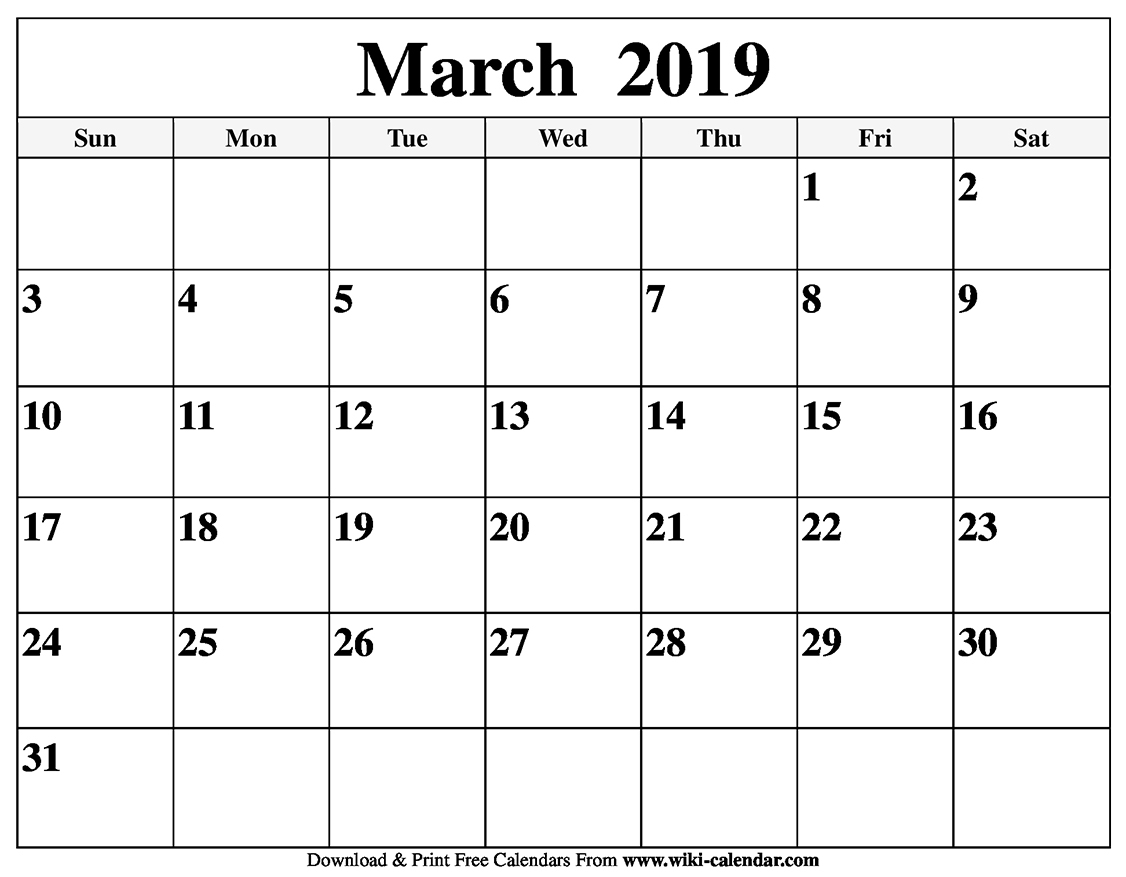 Blank March 2019 Calendar Printable - Gloria Wilson - Medium