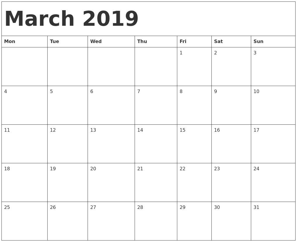 Blank Monthly Calendar March 2019 - Free Printable Calendar