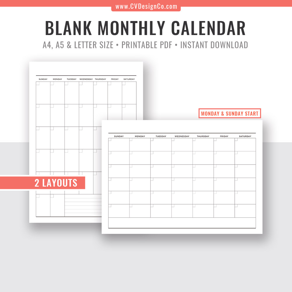 Blank Monthly Calendar Printable, Calendar 2020, Planner Inserts, Planner  Pages, Best Planner, Planner Pdf, Instant Download, Filofax A5, A4, Letter