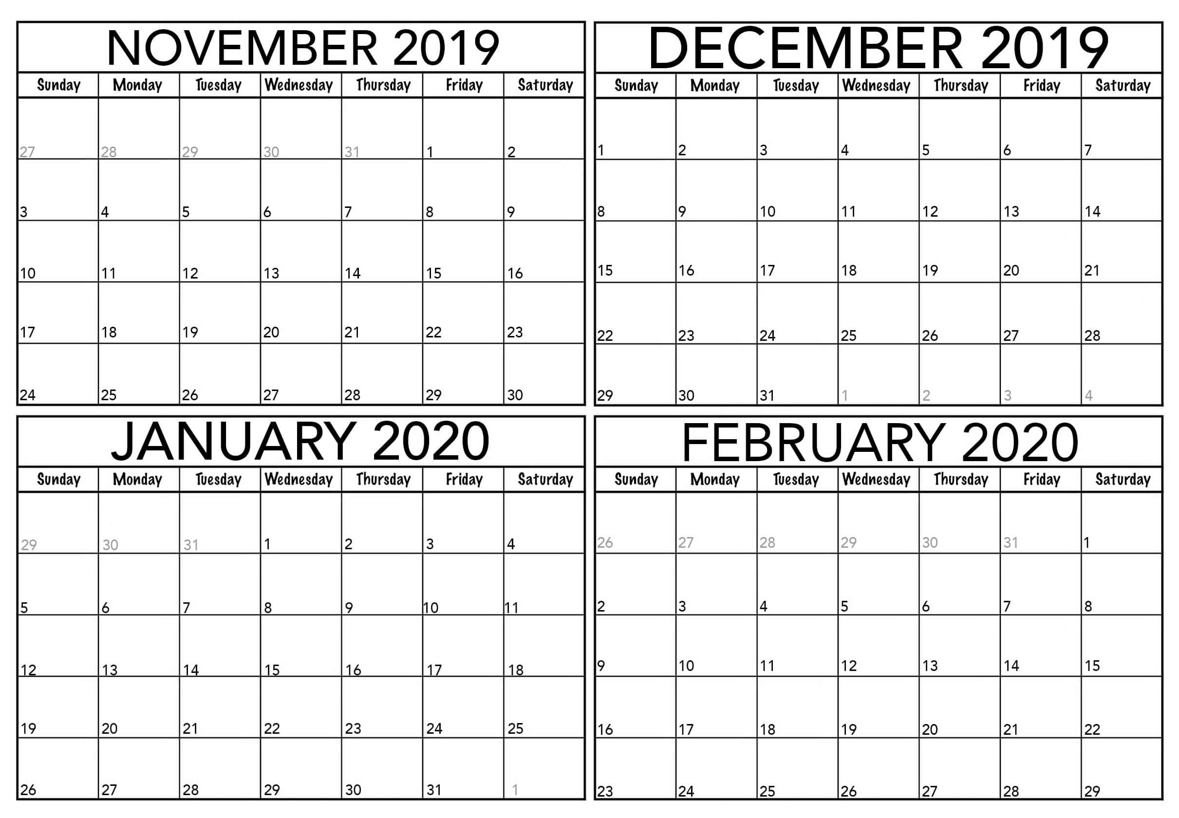 Blank November 2019 To February 2020 Calendar - 2019