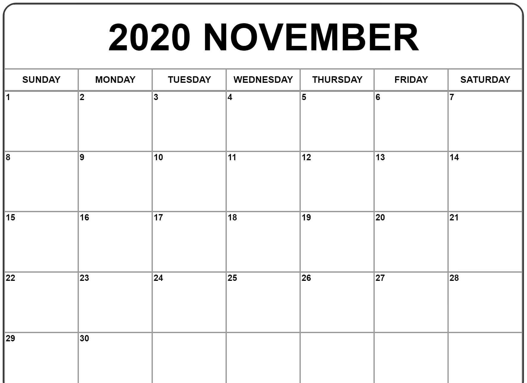 Blank November 2020 Calendar Printable - Wpa.wpart.co