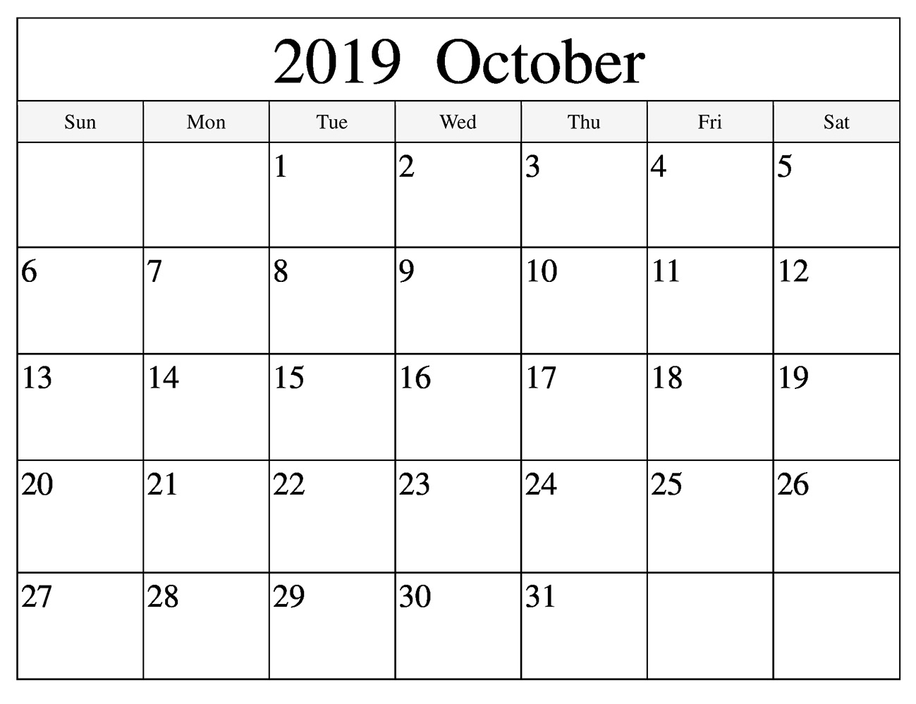 Blank October 2019 Calendar Printable Template - Latest