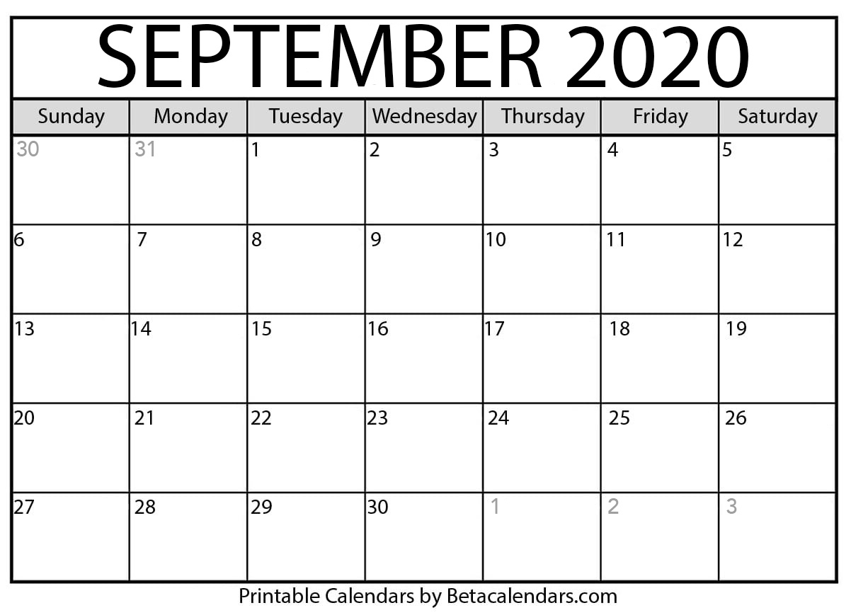 Blank September 2020 Calendar Printable - Beta Calendars