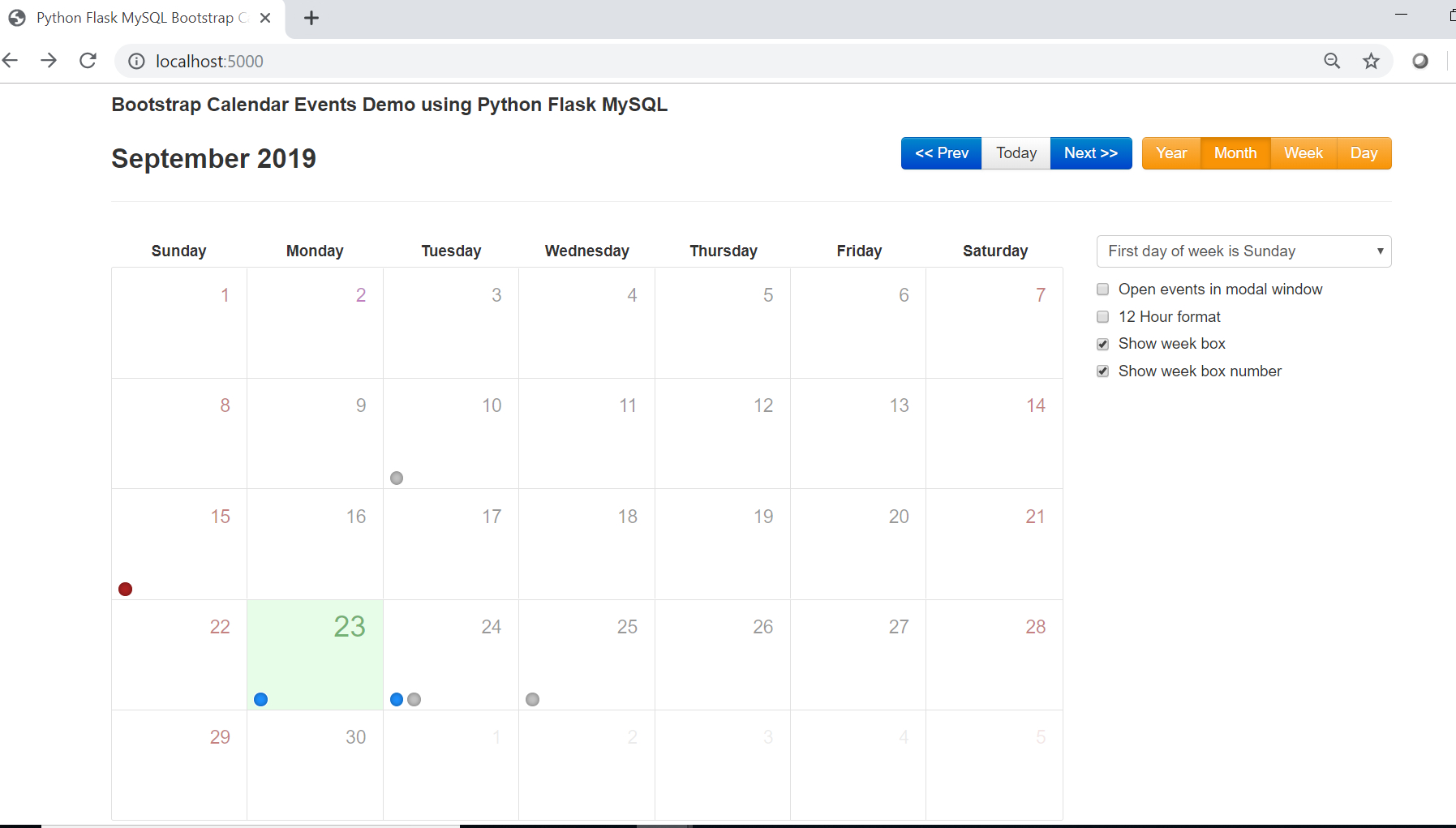 Bootstrap Calendar Events Demo Using Python Flask Mysql