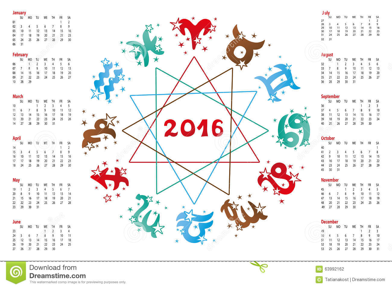 Calendar 2016.horoscope Zodiac Sign Stock Vector