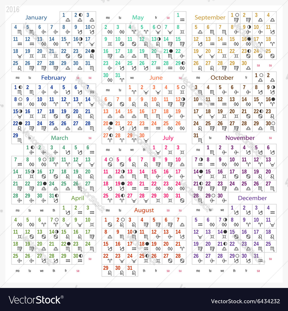 Calendar 2016 With Zodiac Signs And Moon Phases