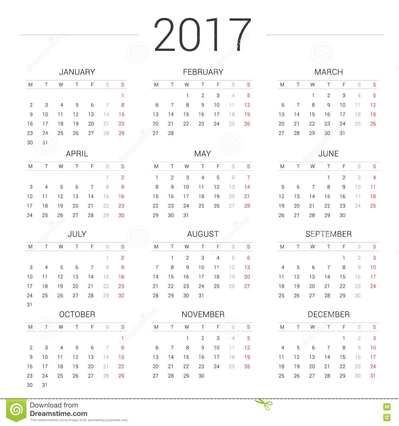 Calendar 2017 Year Simple Style.week Starts Monday Stock