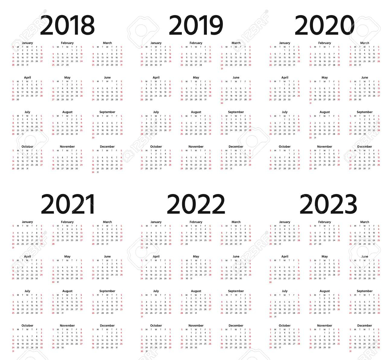 Calendar 2018, 2019, 2020, 2021, 2022, 2023 Year. Week Starts..