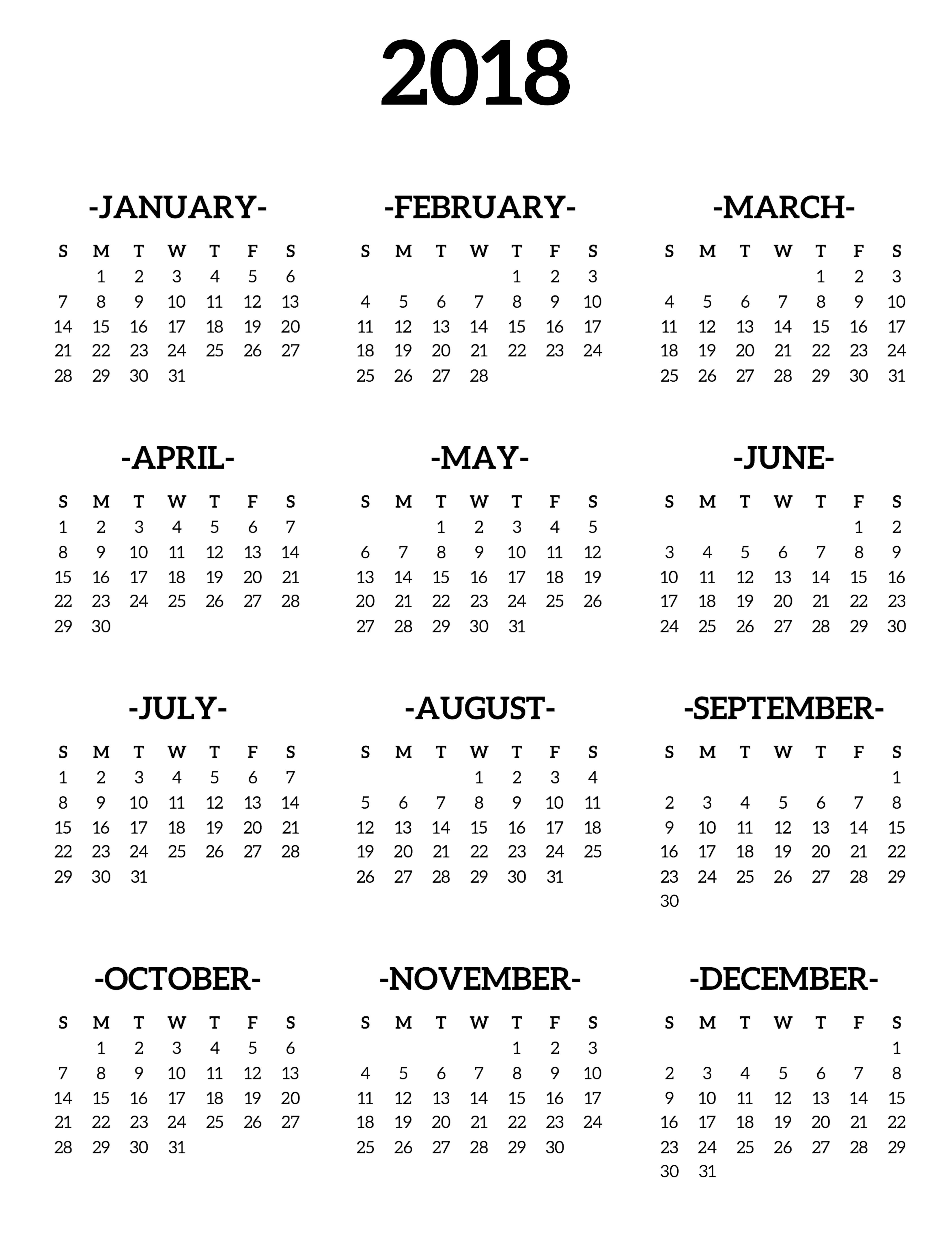 Calendar 2018 Printable One Page | Обои | Календарь, Шаблоны
