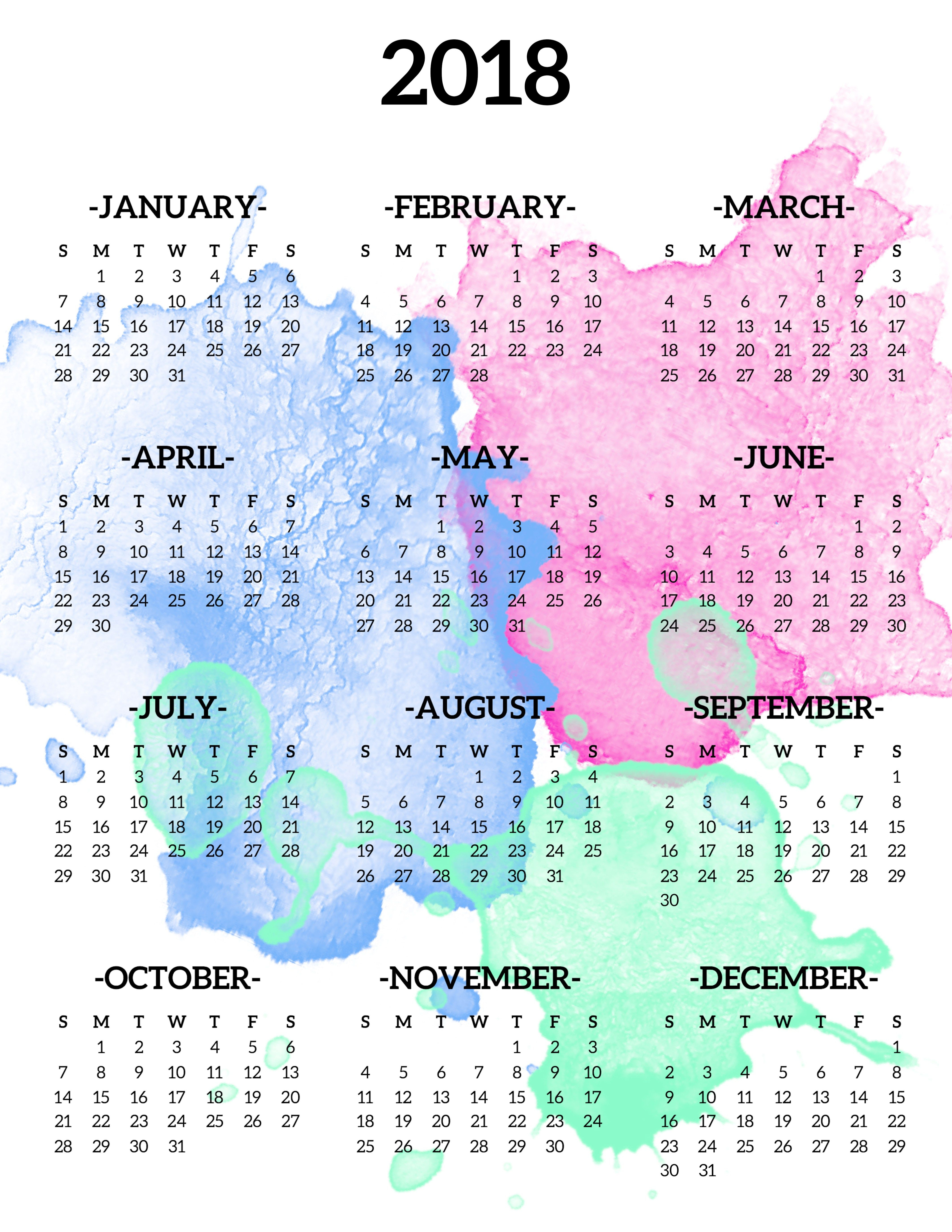 Calendar 2018 Printable One Page | Печатные Календари