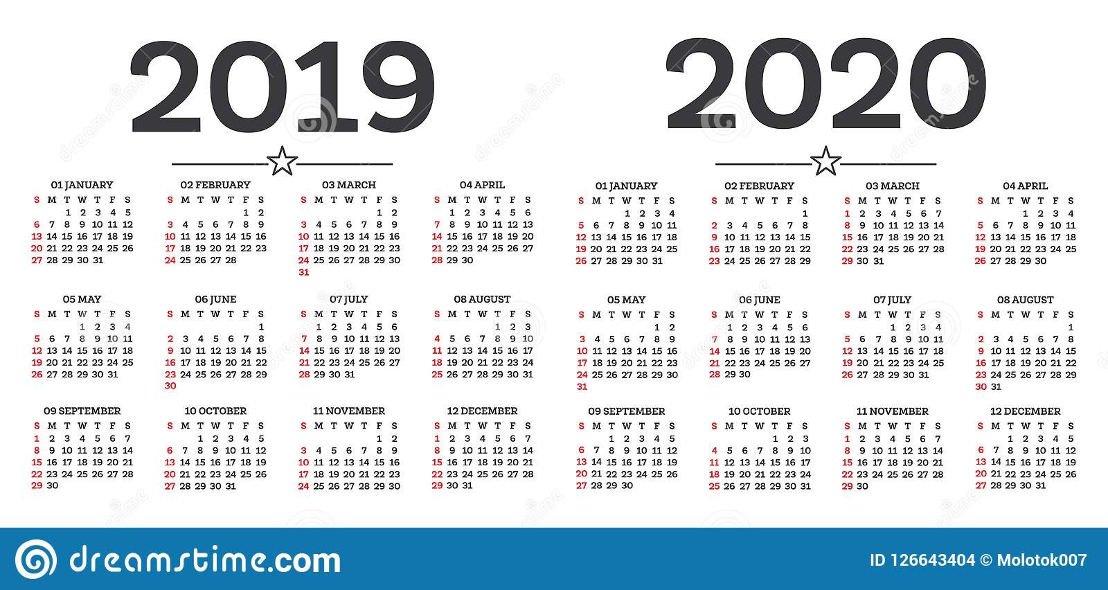 Calendar 2019 2020 Isolated On White Background. Week Starts