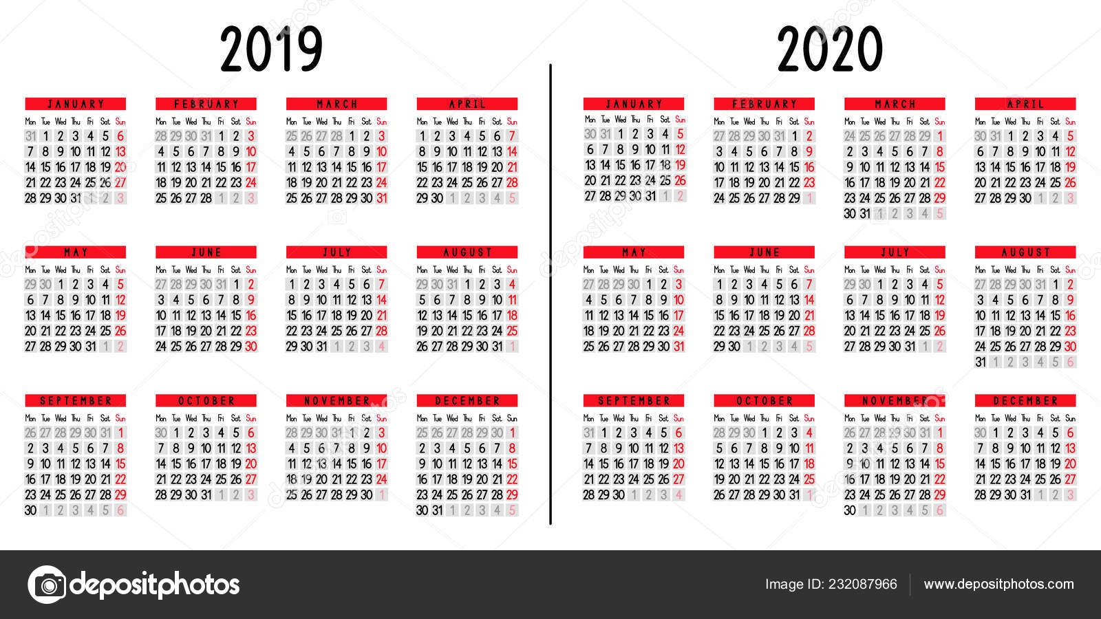 Calendar 2019 2020 Week Starts Monday Vector Illustration