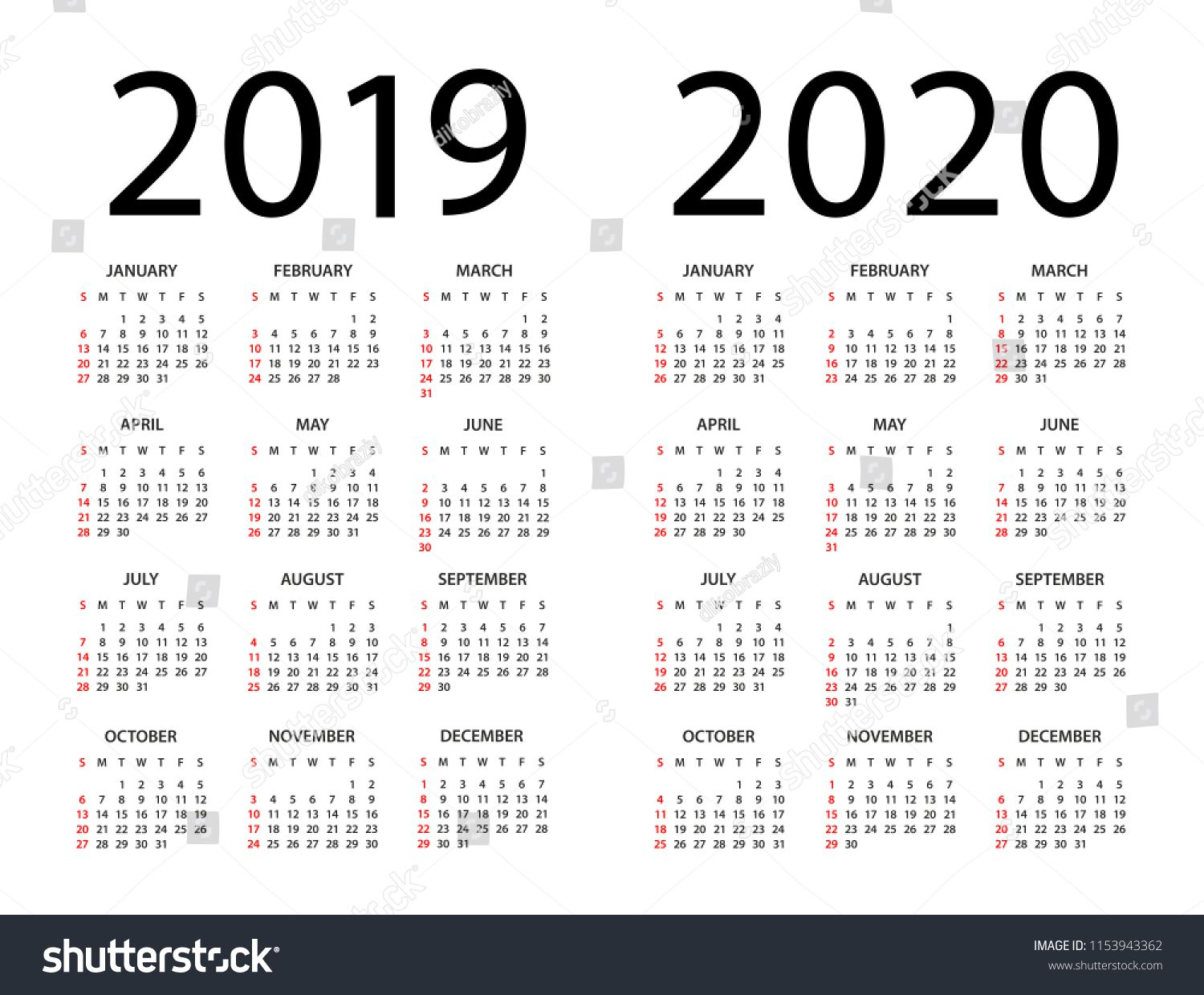 Calendar 2019 2020 Year - Vector Illustration. Week Starts