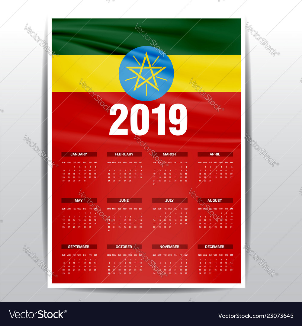 Calendar 2019 Ethiopia Flag Background English