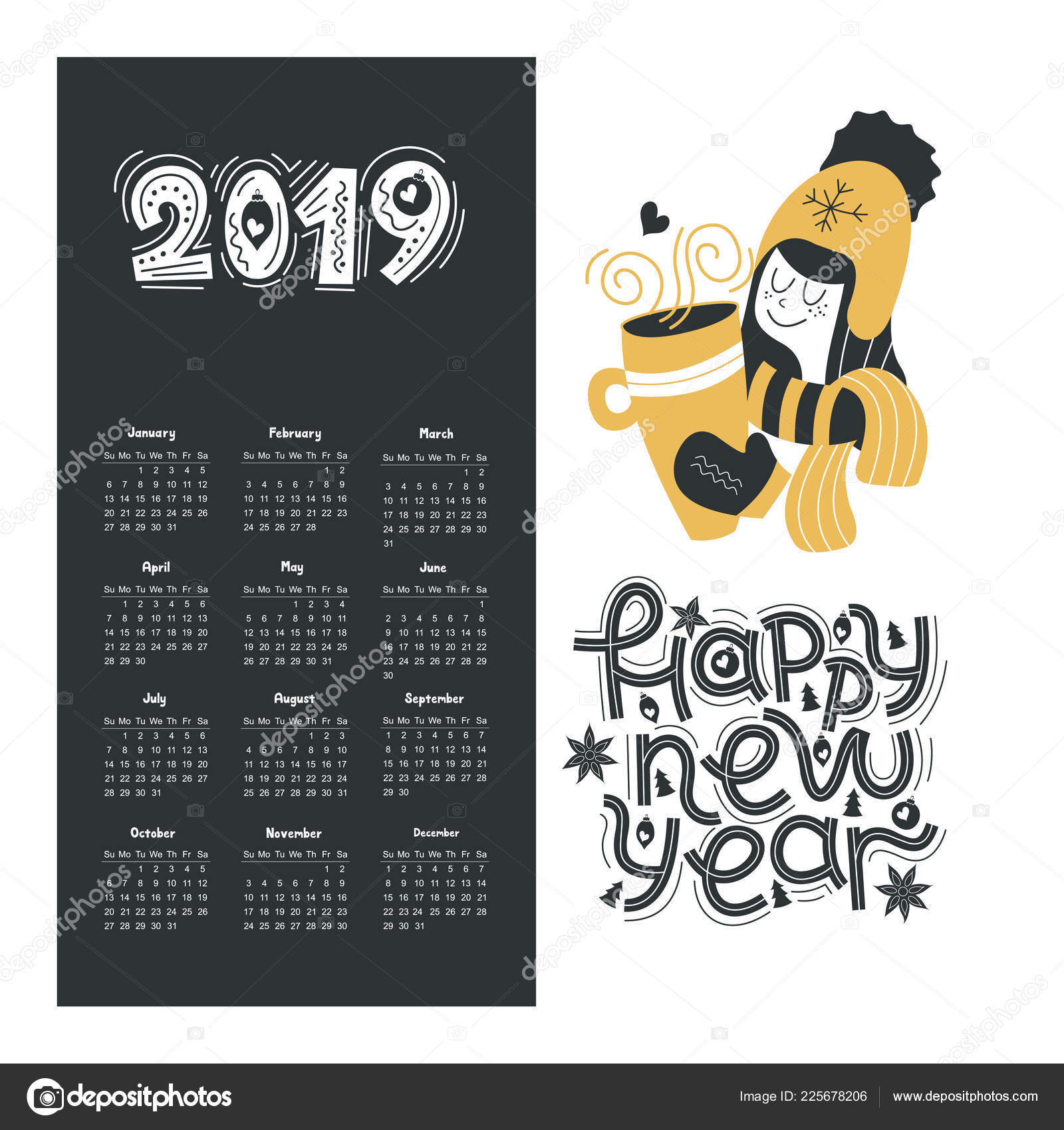 Calendar 2019 Happy New Year Hand Drawn Lettering Quote Cute