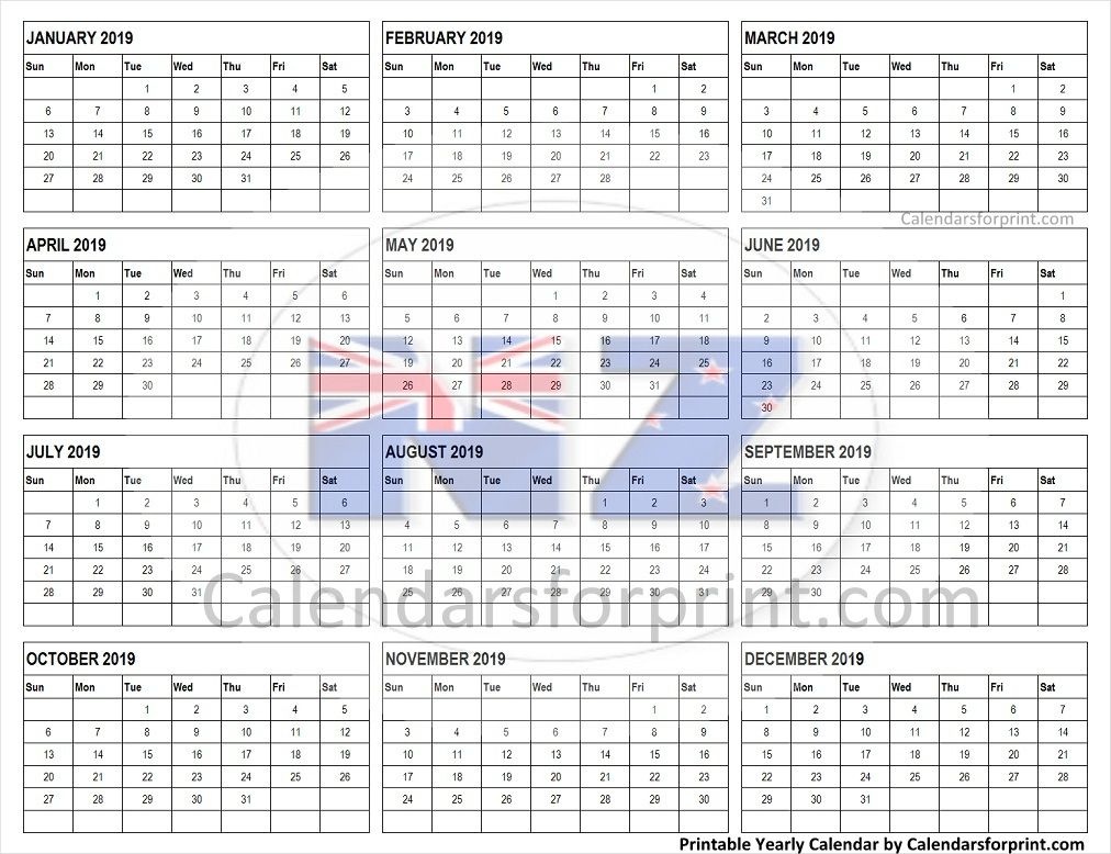 Calendar 2019 New Zealand | Yearly Calendar, Blank Calendar