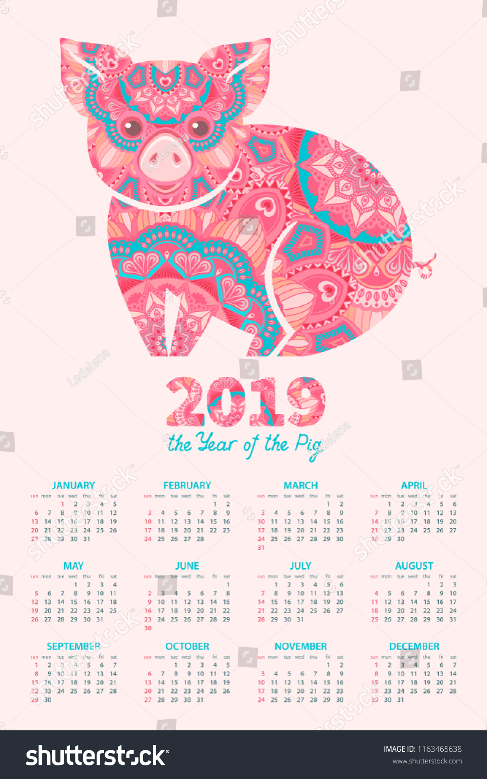 Calendar 2019 Pig Symbol 2019 Chinese Stock Vector (Royalty