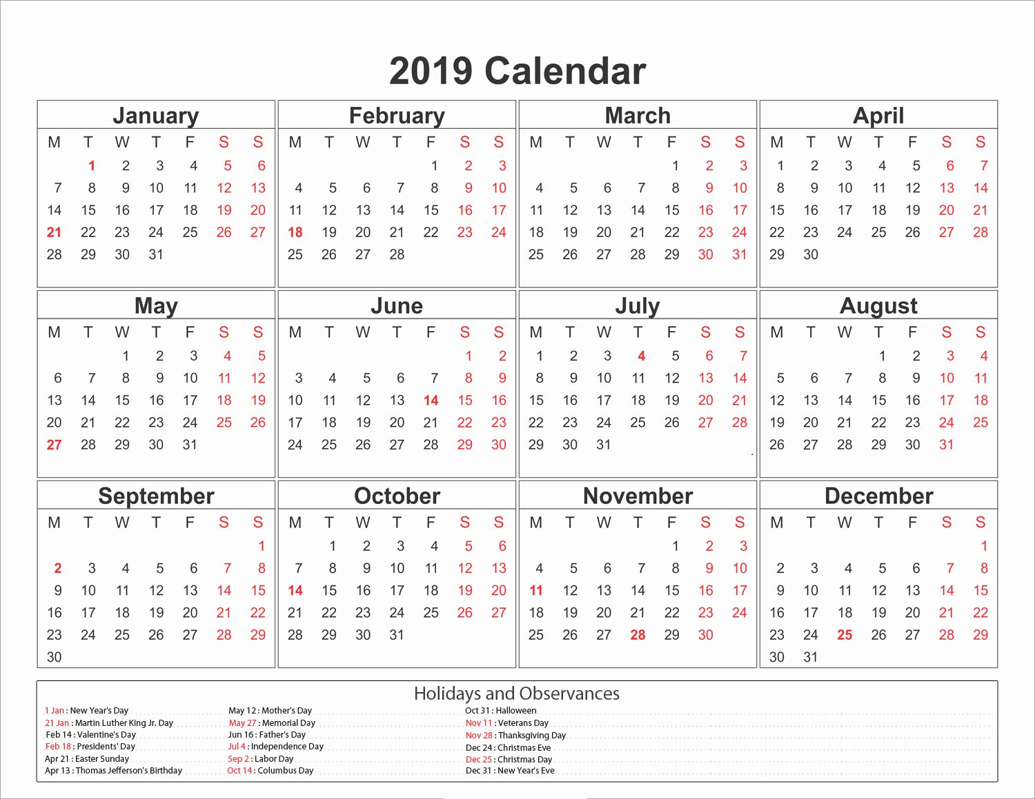 Calendar 2019 Printable With Holidays Free Printable