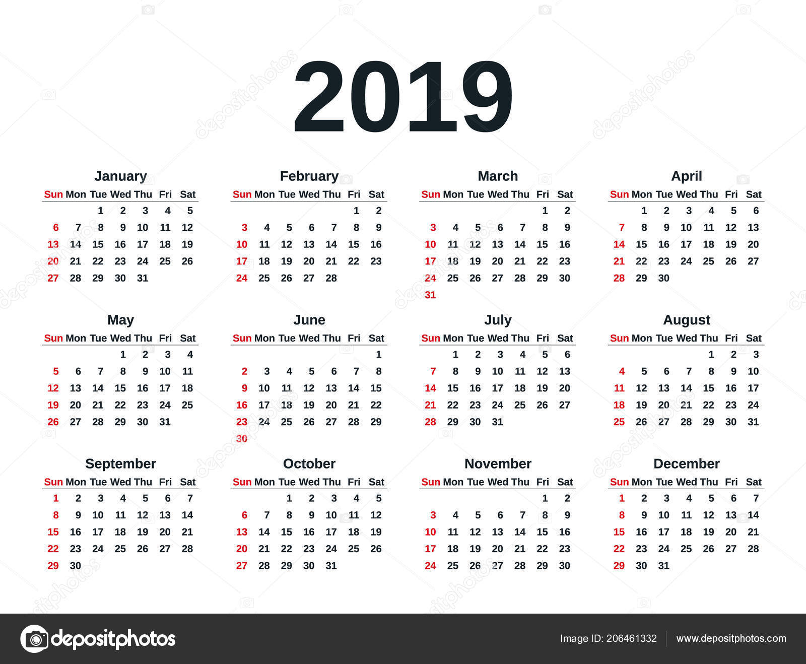 Calendar 2019 Simple Style Week Starts Sunday Vector