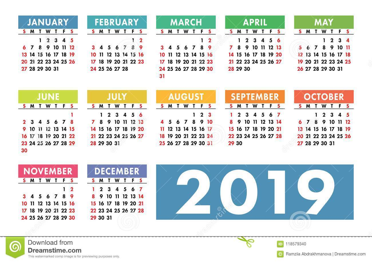 Calendar 2019. Vector Template. English Calender. Colorful